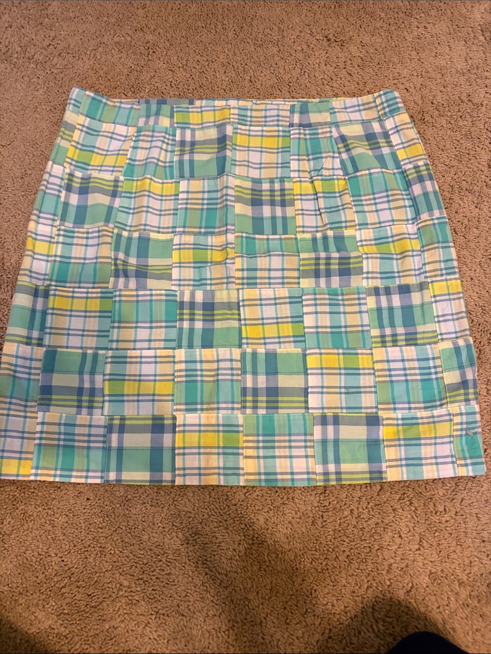 Talbots Patchwork Plaid Mini Skirt in Aqua, Yellow & White